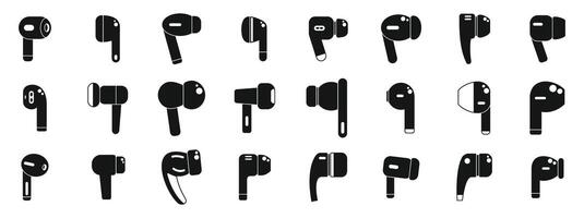 Wireless earphones icons set. Wireless earbuds icons showing different styles and designs for listening to music vector