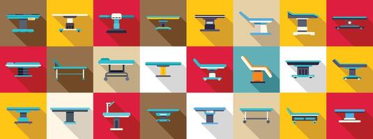 Medical operating table icons set. Medical stretchers and operating tables enhancing healthcare efficiency vector