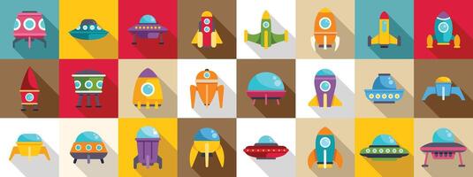 Alien cosmic starship icons set. Colorful spaceships and flying saucers exploring the galaxy vector