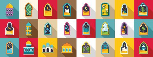 Arch window mosque muslim building icons set. Arabian architecture representing mosques and traditional windows with desert landscapes vector