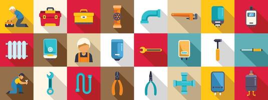 Fix heater pipeline icons set. Plumbing service icons showing repairing, maintaining, installing pipes and heating systems vector
