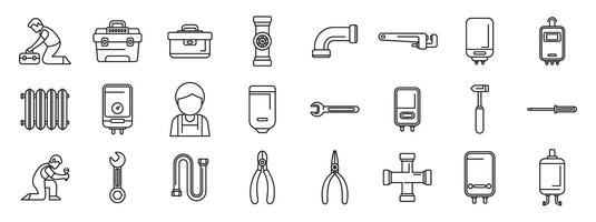 Fix heater pipeline icons set. Plumbing service icons featuring plumbers, tools, pipes, and boiler, ensuring efficient water and heating systems vector