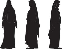 Silhouettes of three women in traditional garments shown from various angles, representing modesty, culture, and identity. vector