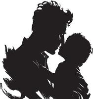 Silhouette of a father holding his child closely, capturing a heartwarming moment of love, care, and connection. vector