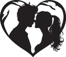 A romantic silhouette of a couple gazing into each other's eyes, enclosed in a heart frame, symbolizing love and intimacy. vector