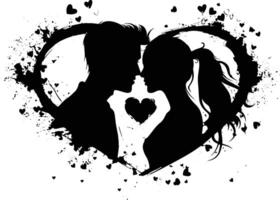 Silhouette of a couple facing each other, framed by a heart and artistic splashes, symbolizing love, connection, and romance. vector
