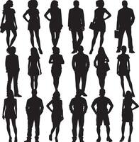 Silhouettes of a group of individuals standing in rows, symbolizing diversity, individuality, and community in a modern context. vector