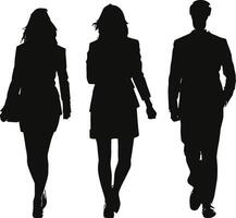 Silhouette of two women and one man walking confidently, symbolizing professionalism, ambition, and workplace success. vector