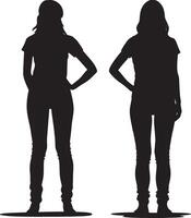 Silhouette of two women standing with relaxed postures, symbolizing confidence, friendship, and casual style. vector