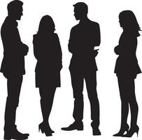 Silhouettes of two men and two women engaged in conversation, representing teamwork, collaboration, and professionalism in the workplace. vector