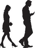 Silhouette of a couple walking, with the man using a smartphone, representing modern relationships and digital communication. vector