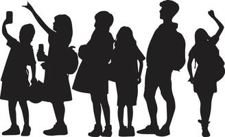 A group of children standing in silhouette with their hands up vector