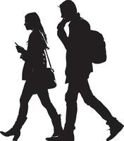 Silhouette of a couple walking with a cell phone vector