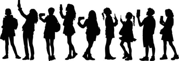 Silhouettes of people standing in a line with their hands up vector