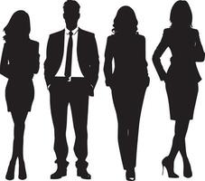 Silhouettes of four professionals dressed in formal business attire, symbolizing career, professionalism, and workplace diversity. vector