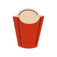 A red fast food container filled with crispy golden fries against a plain background vector