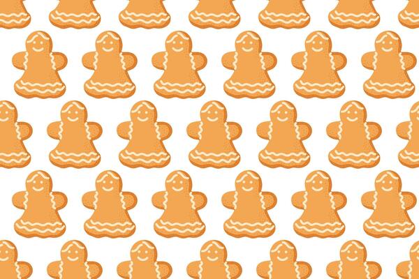 Pattern of cheerful gingerbread cookies displayed on a white background in festive arrangement