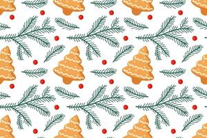 Seasonal pattern featuring decorated gingerbread trees and green pine branches with red berries vector