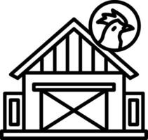 A black and white illustration of a barn with a chicken vector