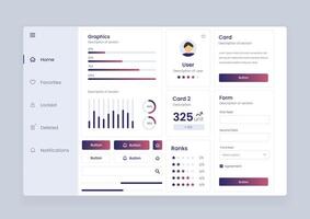 Dshboard user interface with diverse data visualization. Analytics dashboard user interface that includes a variety of charts and tables for efficient data management and monitoring. vector