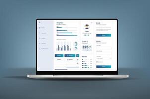 Realistic Laptop and user interface. UX UI design. Dashboard usability on electronic devices. Charts and tables for data management and monitoring. vector