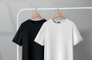 t-shirts hanging on a clothes rack in a studio on a wooden hanger. vector