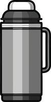 A gray, illustration of a thermos with a black handle vector