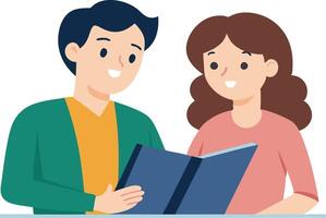 A illustration of a couple reading together, symbolizing knowledge sharing, learning, and relaxation with books. vector