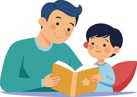 A illustration of a father reading a book to his son, symbolizing family bonding, education, and storytelling. vector