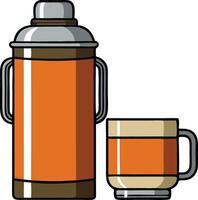A illustration of an orange thermos with a silver lid and a matching mug vector