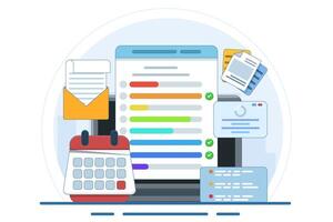 Task dashboard concept on laptop with calendar clipboard checklist. email campaign, social media marketing. Project management, work deadline concept. vector