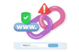concept of protection system from malicious links. unsafe website address. dangerous and suspicious url address. chain with shield and warning sign. illustration. vector