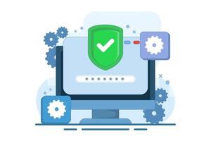 Computer security concept, Device security, Secure system, PC protected with lock and shield, Firewall protection, Privacy access, Personal data, flat illustration. vector