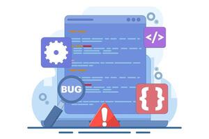 Bug Report Concept, bug magnifier on campaign software data. Computer bug detection. Bug error notification. System error alert. Software testing. vector