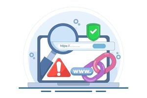 concept of protection system from malicious links. dangerous and suspicious url addresses. unsafe website addresses. chain with shield and warning signs. vector
