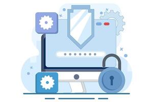 Computer security concepts, Device security, PC protected with locks and shields, Firewall protection, Access privacy, Personal data, Secure systems. vector