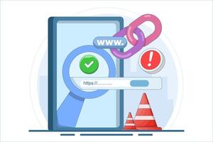 concept of protection system from malicious links. dangerous and suspicious url addresses. unsafe website addresses. chain with shield and warning sign. flat illustration. vector