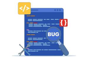 Bug Report Concept, bug magnifier on campaign software data. Computer bug detection. Bug error notification. System error alert. Testing software. Magnifier looking for malware. vector