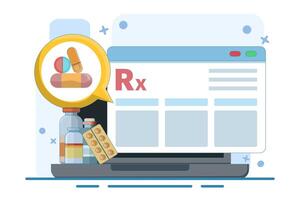 Online medicine prescription concept with pills, tablets, bottles, paper on computer, online pharmacy. Computer with medicine and pills on screen. Health care, isolated background in flat style. vector