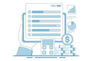 Budget tracker via device, Budgeting app manage finance by tracking income, designed to help spending, for website, homepage, landing page, template, banner in modern flat style. vector