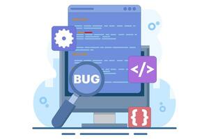 Bug Report Concept, bug magnifier on campaign software data. Computer bug detection. Bug error notification. System error alert. Testing software. Illustration. vector