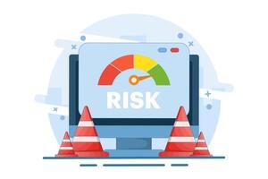 risk assessment concept with speedometer, crisis management. risk management. analyzing speedometer data, solving problems and creating recovery strategies. flat illustration. vector