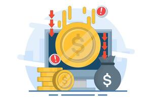 dollar depreciation concept. dollar value continues to decline. financial problems. dollar coin with down arrow and warning sign. vector