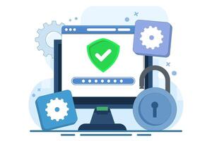 Computer security concepts, Device security, PC protected with locks and shields, Firewall protection concepts, Access privacy, Personal data, Secure systems. vector