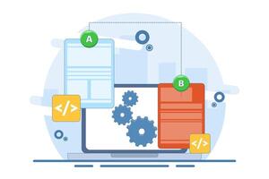 AB testing concept, Comparison of separate wireframe applications on smart device display, comparing test results between 2 website design pages. Flat illustration. vector