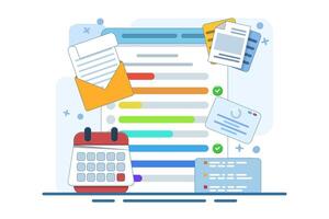 Task dashboard concept on laptop with calendar clipboard checklist. email campaign, social media marketing. Project management, work deadline concept. flat illustration. vector
