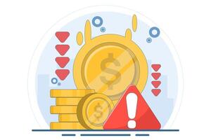 dollar currency depreciation concept. dollar value continues to decline. financial problems. dollar coin with down arrow and warning sign. flat illustration. vector