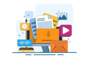 Data cleaning concept, Clear cache memory, download cloud history data, Clean digital memory, Delete documents in trash, Cleaning Software. Flat illustration template. vector