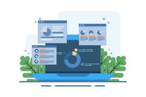 Concept of data and information displayed on dashboard, SEO marketing analytics illustration, Marketing analysis, Market research, Business analysis. flat illustration on background. vector