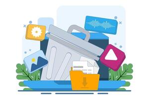 concept of Deleting data and moving unnecessary files to trash, Cleaning digital memory, Deleting documents in trash, Cleaning software, flat illustration template. vector